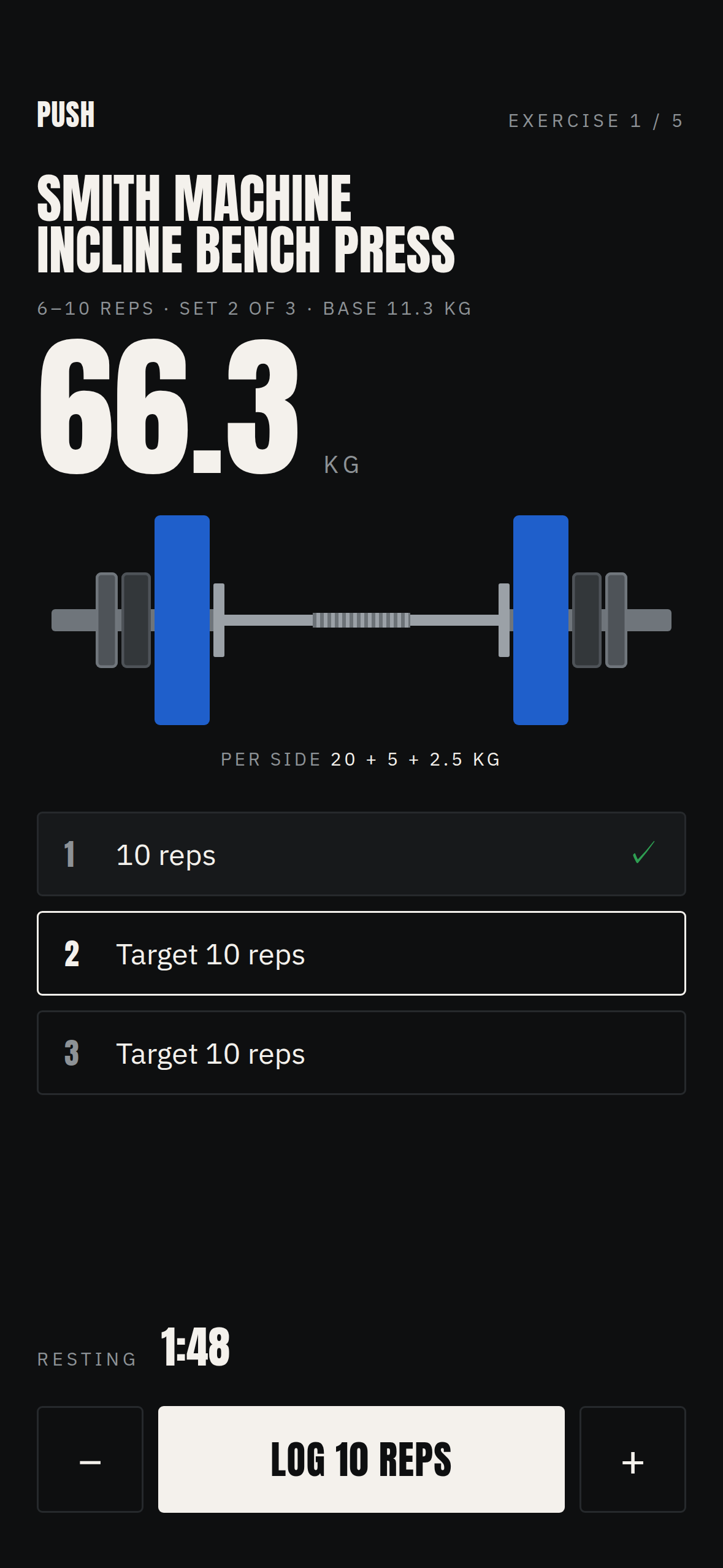 Logging screen: Smith machine incline bench press at 66.3 kg, with 20 + 5 + 2.5 kg drawn on each side of the bar. Demonstration data.